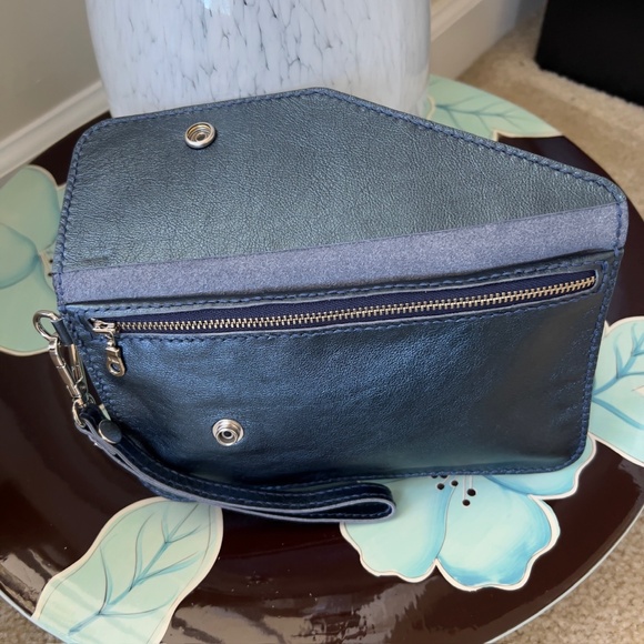 Handmade Blue Metallic Leather Clutch, Detachable Strap, Nickel Hardware, NWT - Picture 12 of 13